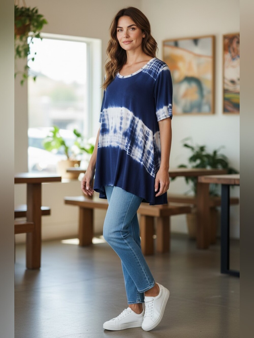 Acemi Blue Tie Dye Women's Short Sleeves Top Round Neck A-Line S/M